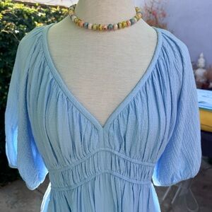Calvin Klein Light Blue V-Neck Smocked Waist Long Sleeve Dress